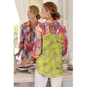 Soft Surroundings Sz M  Vibrant Multicolor Paint Print Blouse Beaded Tunic Top